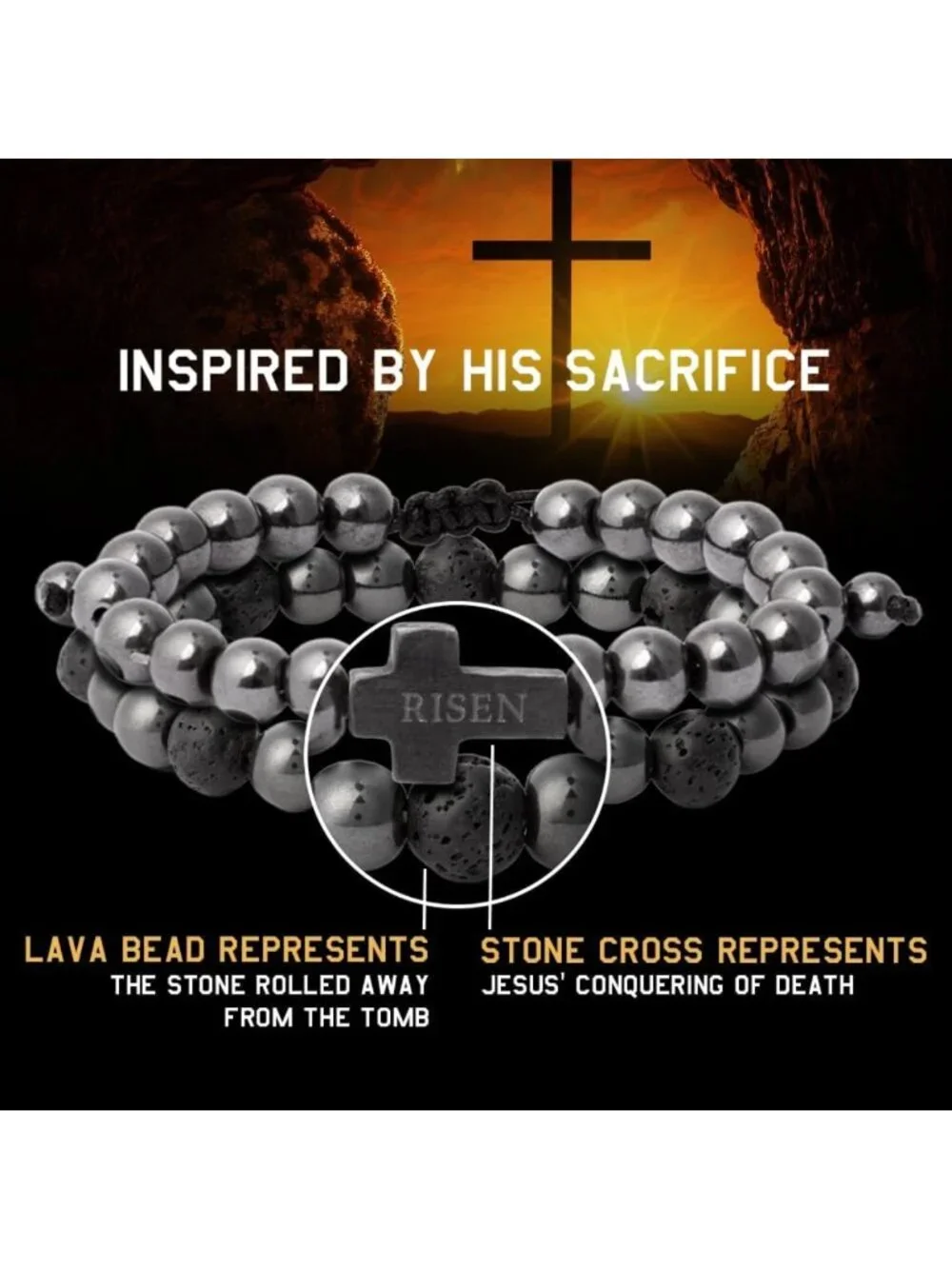 Magnetic Titanium Bead Bracelet Set for Men | 'He Is Risen' Religious Jewelry